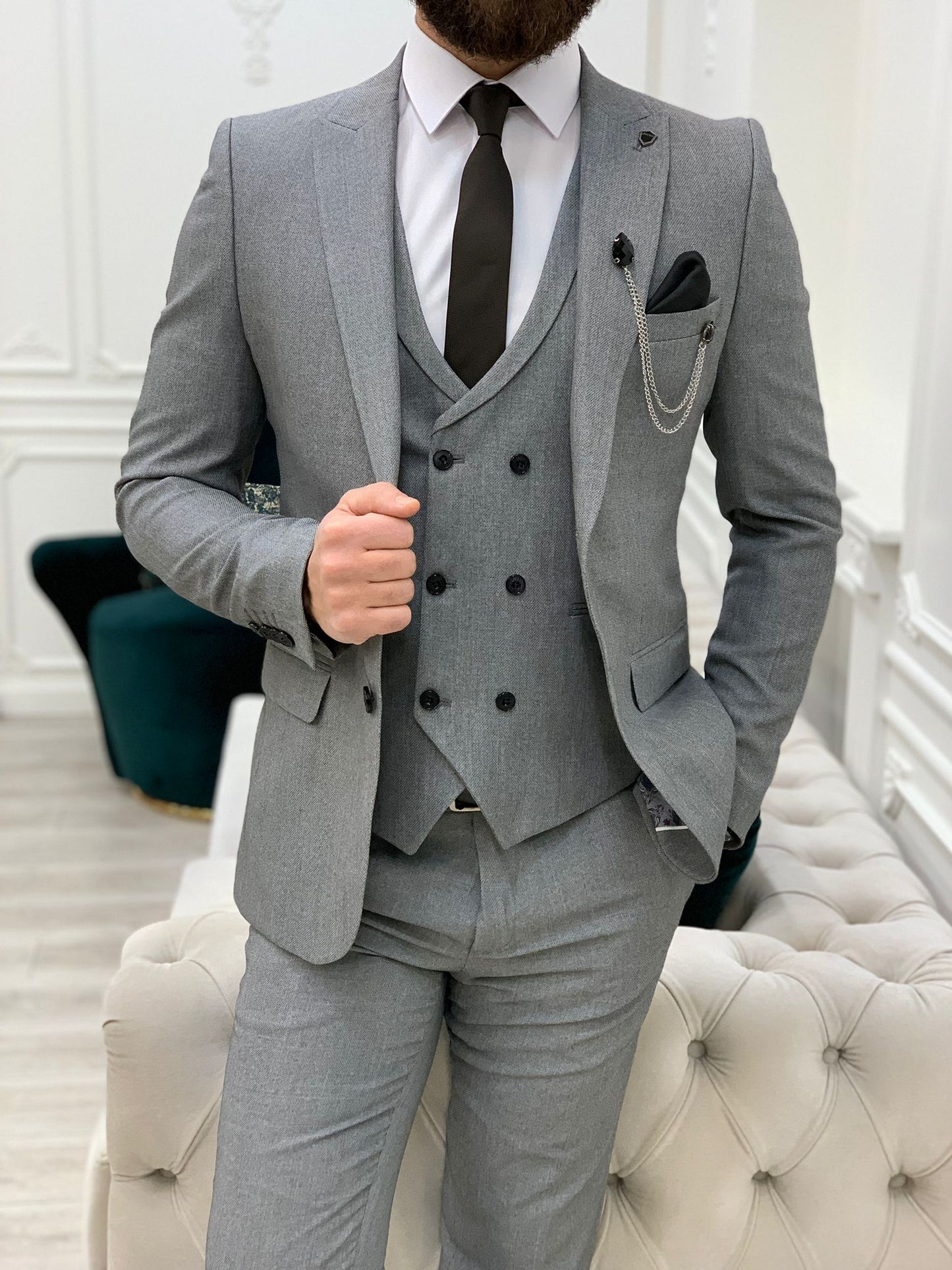 Bergen Gray Slim Fit Peak Lapel Crosshatch Suit