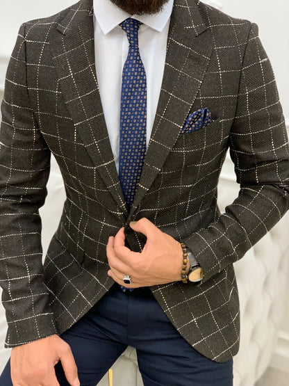 Serra Dark Coffee Slim Fit Plaid Blazer