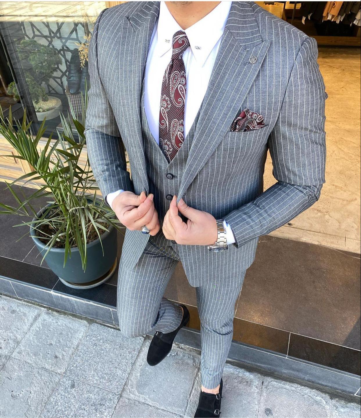 Bonomi Gray Stripped Slim-Fit Suit