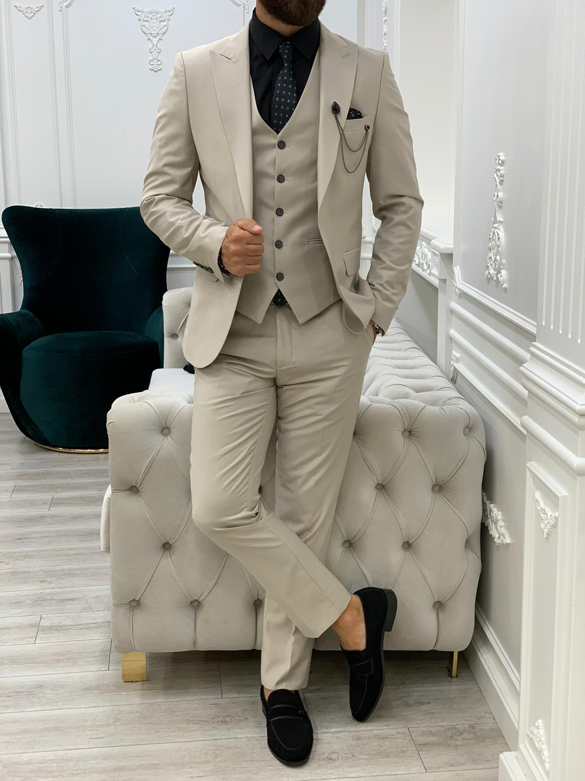 Eros Beige Slim Fit Peak Lapel Suit