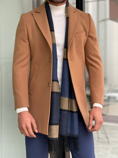 Viena Camel Slim Fit Single Breasted Wool Long Coat