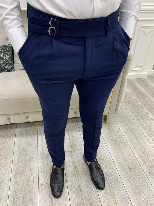 Navy Blue Buckled Canvas Trousers