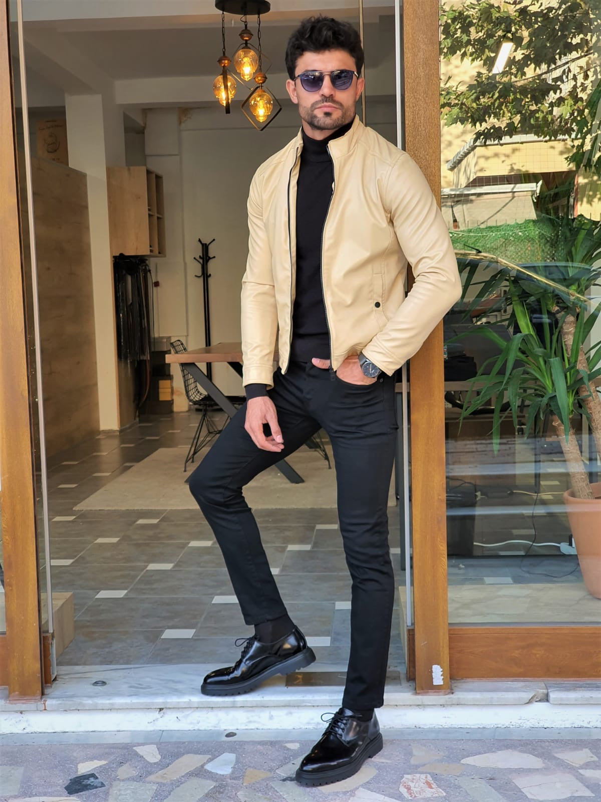 Stefano Beige Slim Fit Leather Coat – BRABION