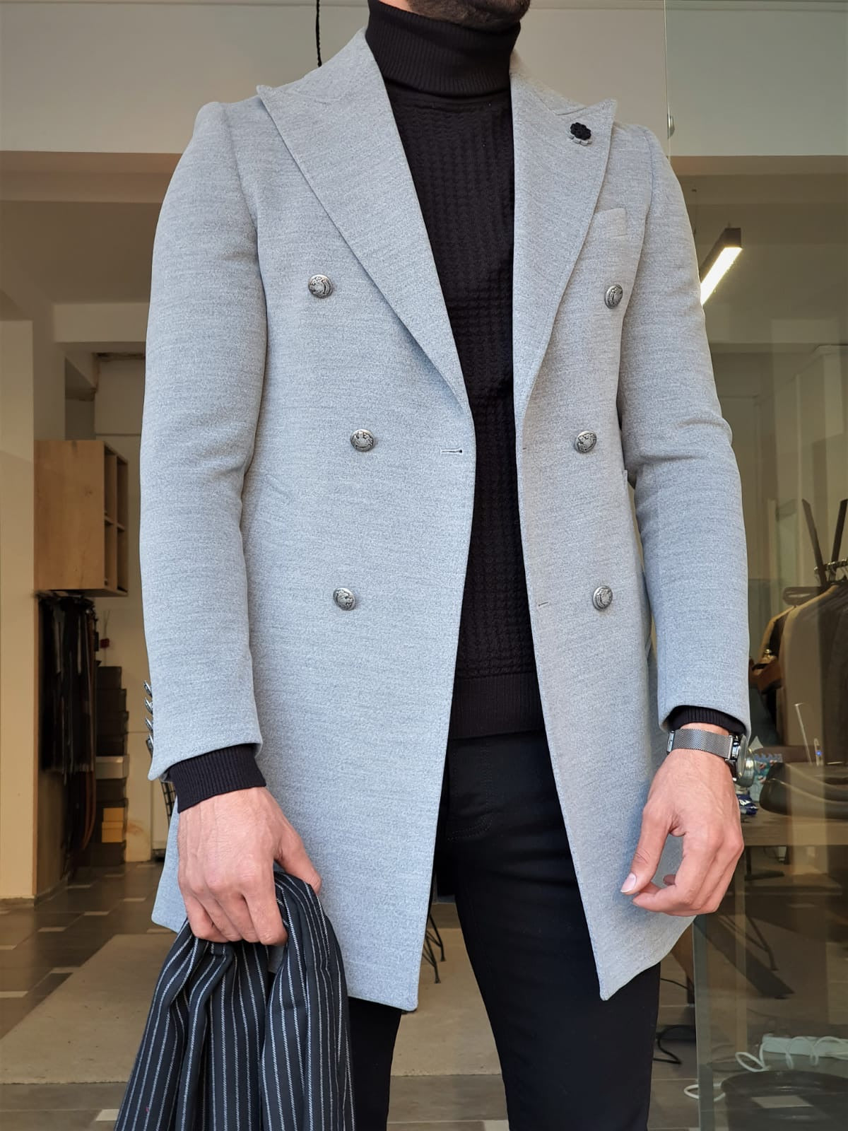 Stefano Gray Slim Fit Wool Long Coat