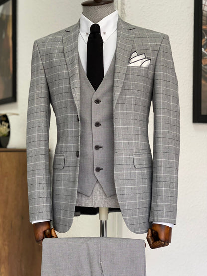 Toros Gray Slim Fit Notch Lapel Plaid Wool Suit