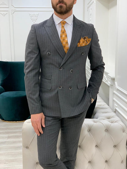 Milano Gray Slim Fit Double Breasted Pinstripe Suit