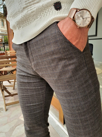 Henderson Brown Slim Fit Plaid Cotton Pants