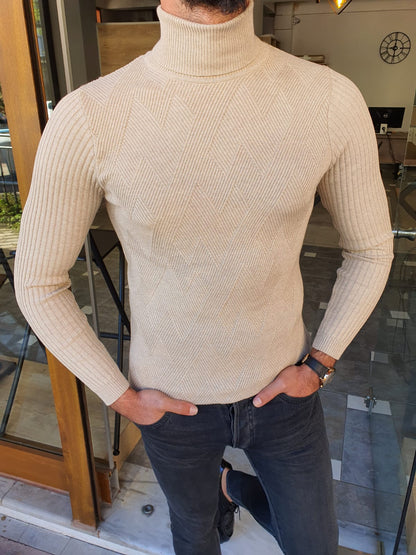 Edmond Beige Slim Fit Turtleneck Sweater