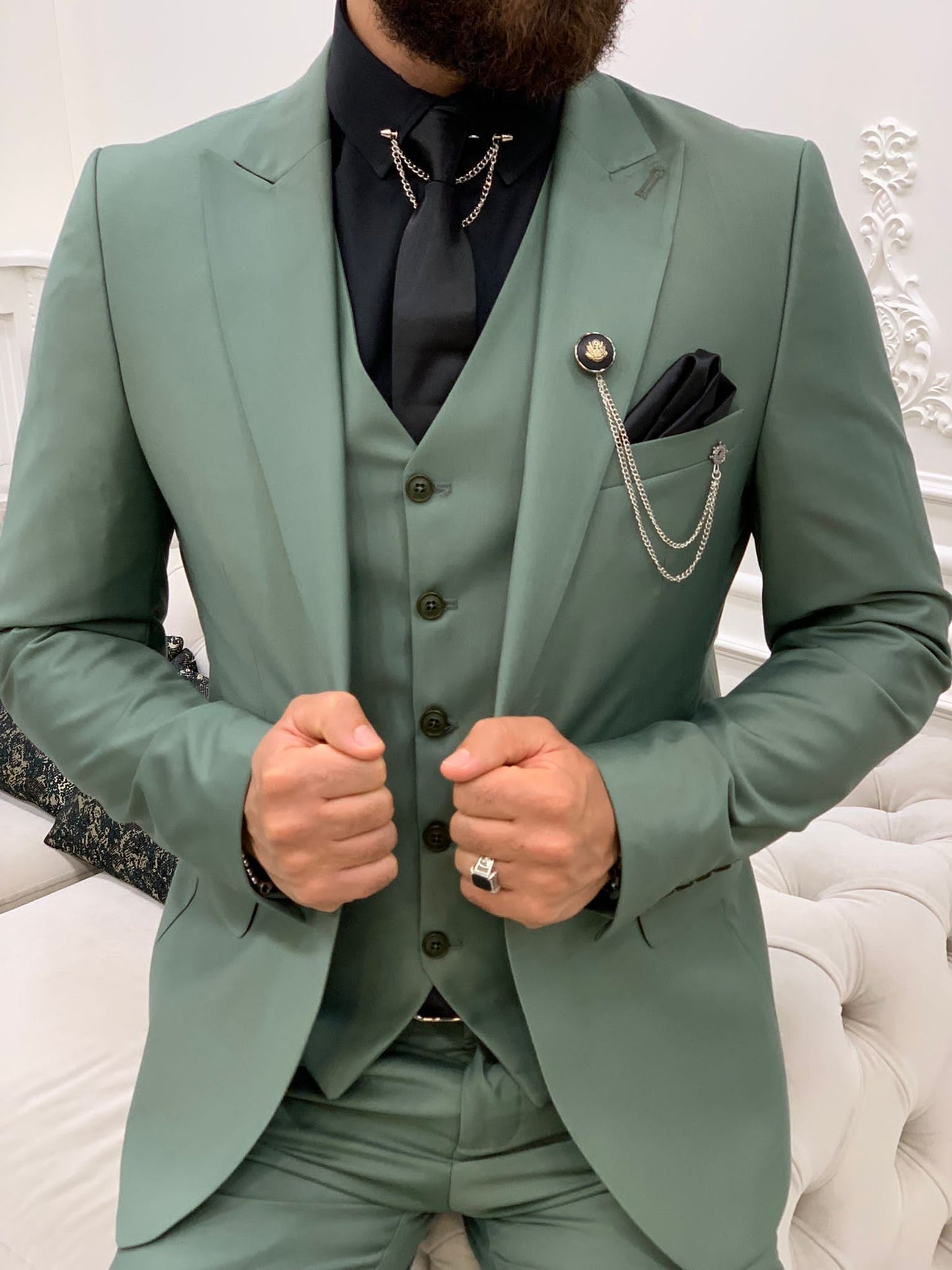 Wilson Light Green Slim Fit Peak Lapel Suit