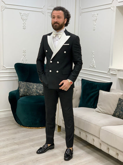 Paris White Black Slim Fit Double Breasted Tuxedo