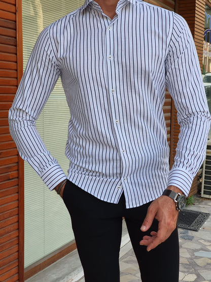 Brabion Berton Black Slim Fit Long Sleeve Striped Cotton Shirt