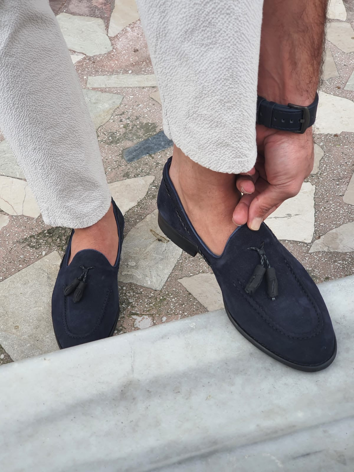 Mens blue suede hot sale tassel loafers