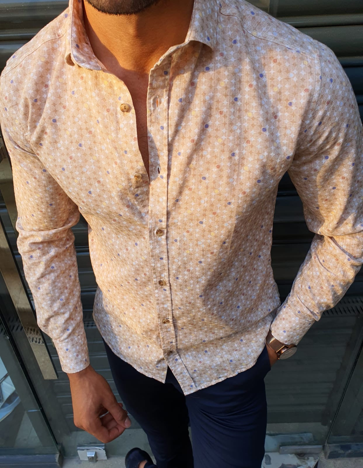 Stefano Beige Patterned Cotton Shirt