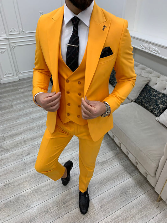 Amato Yellow Slim Fit Peak Lapel Suit