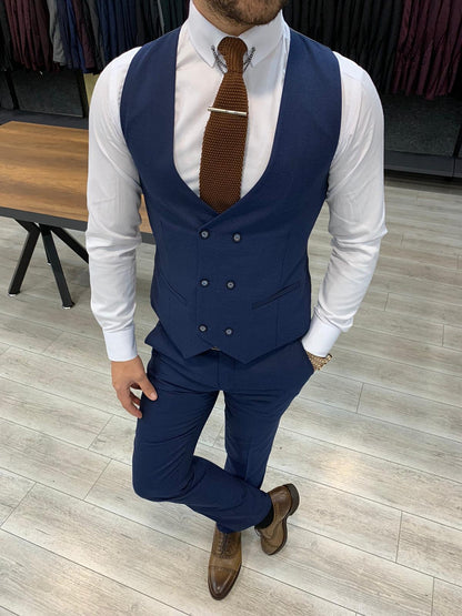 London Navy Blue Slim Fit Pinstripe Suit