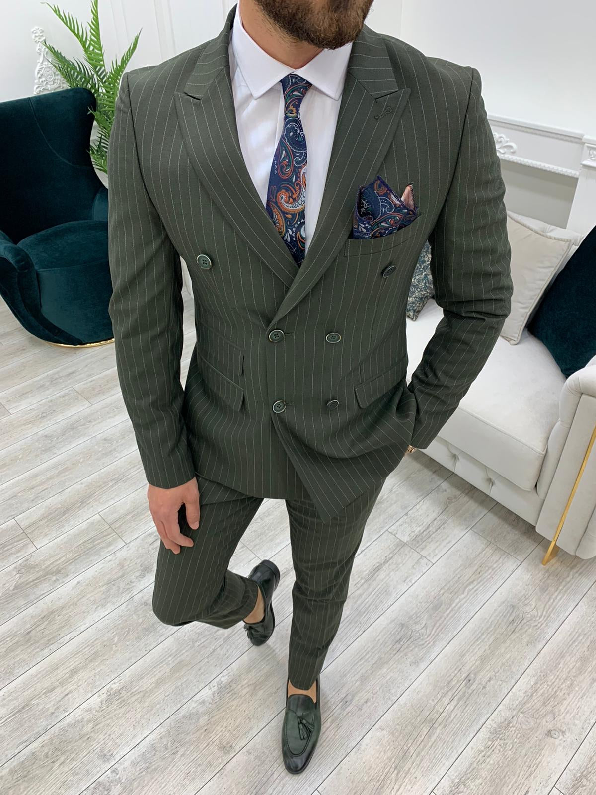Milano Green Slim Fit Double Breasted Pinstripe Suit