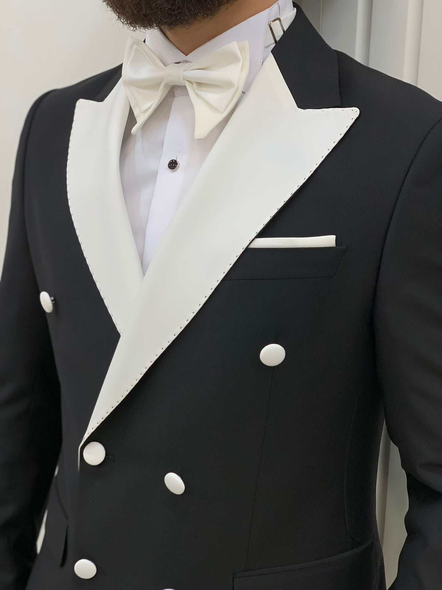 Paris White Black Slim Fit Double Breasted Tuxedo