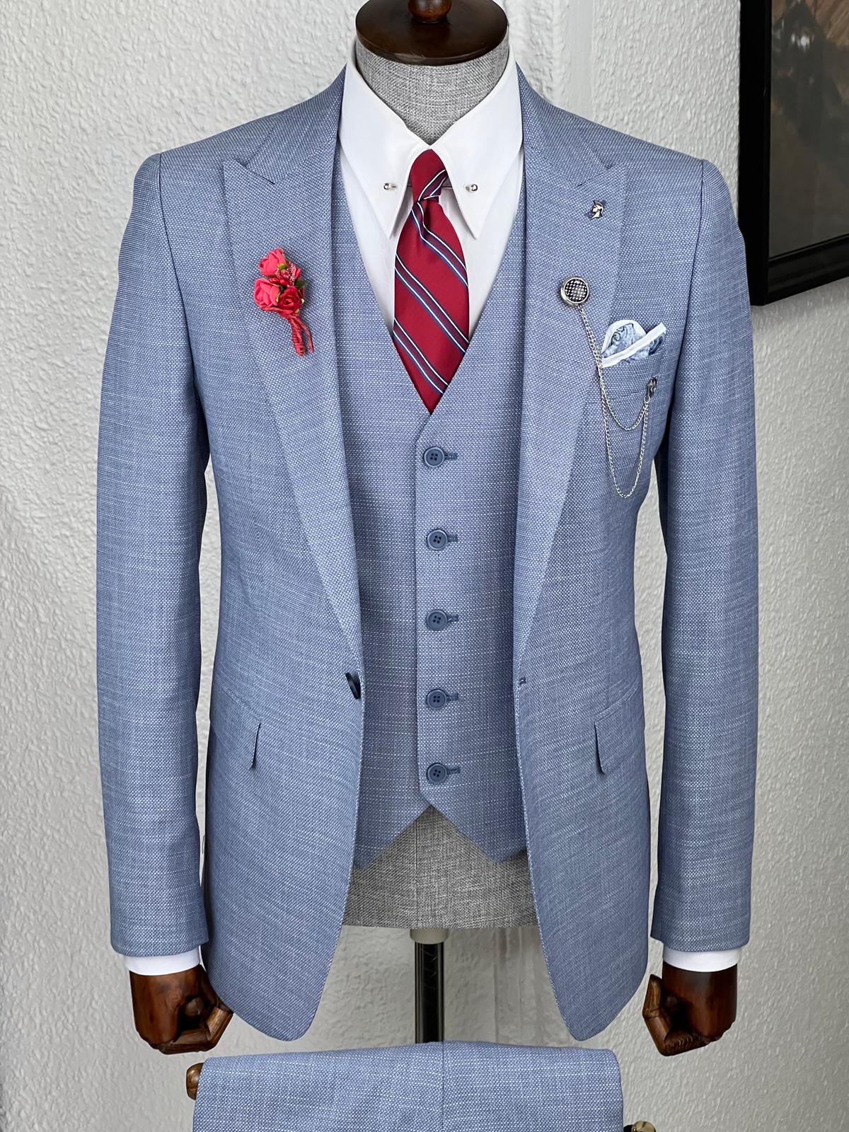 Veneta Slim Fit High Quality Self-Patterned Blue Suit