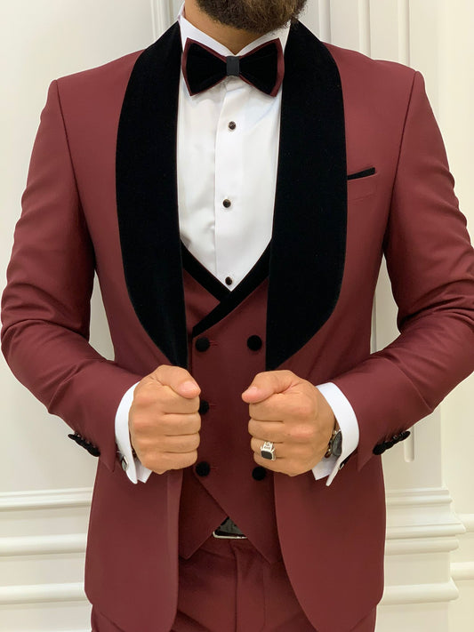 Lazio Burgundy Slim Fit Velvet Shawl Lapel Tuxedo