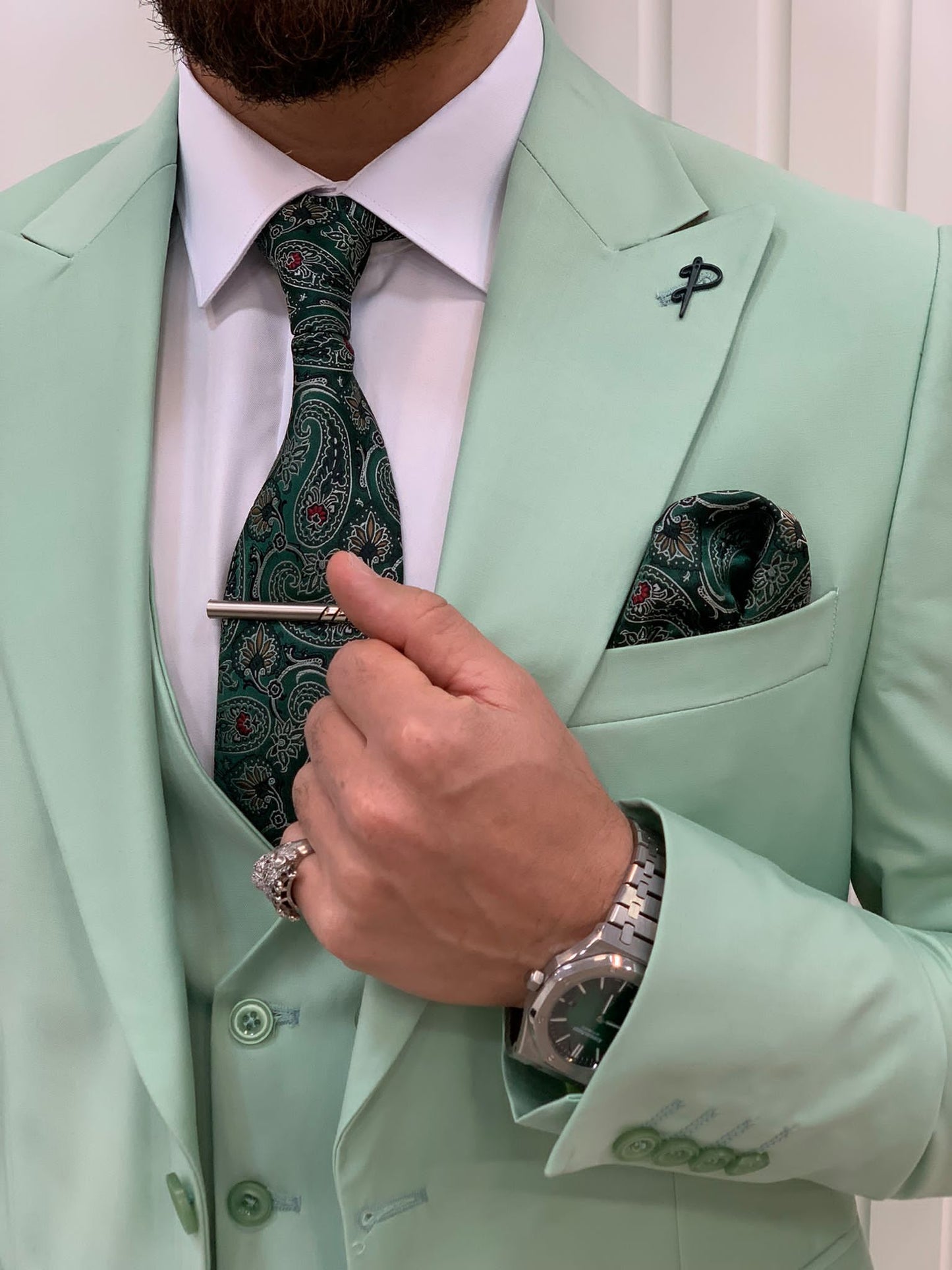 Amato Light Green Slim Fit Peak Lapel Suit