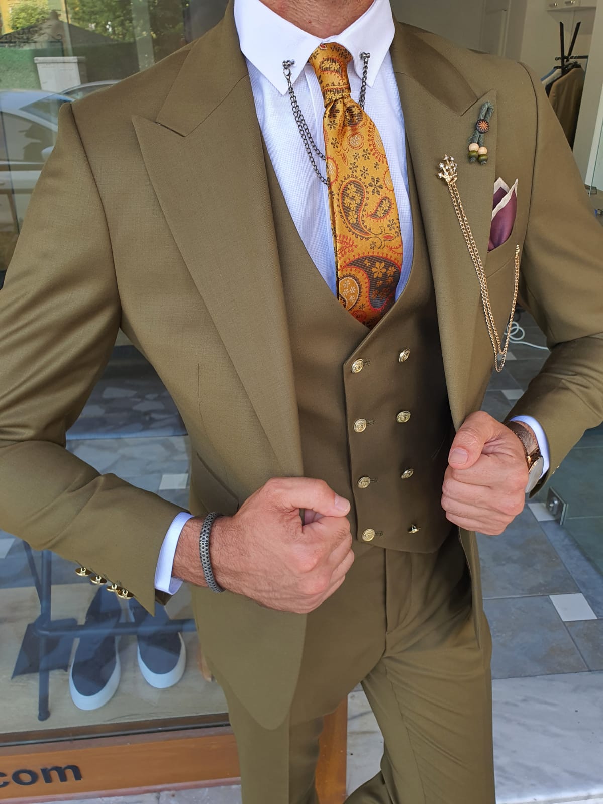 Boston Khaki Slim Fit Peak Lapel Wool Suit