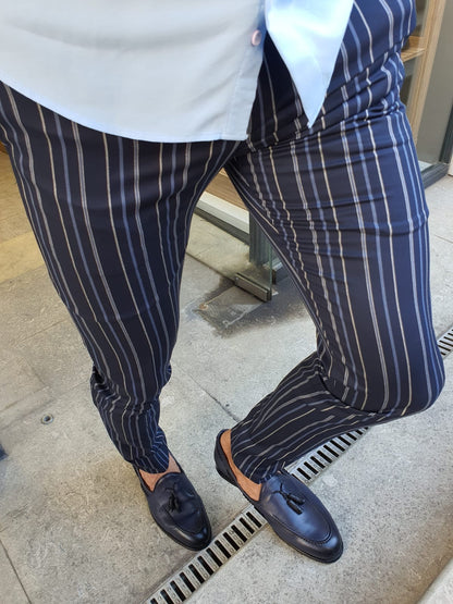 Sparks Navy Blue Slim Fit Striped Pants