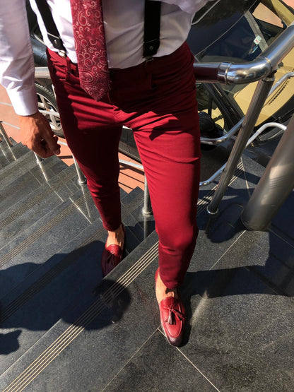 Claret Red Slim-fit Cotton Pants