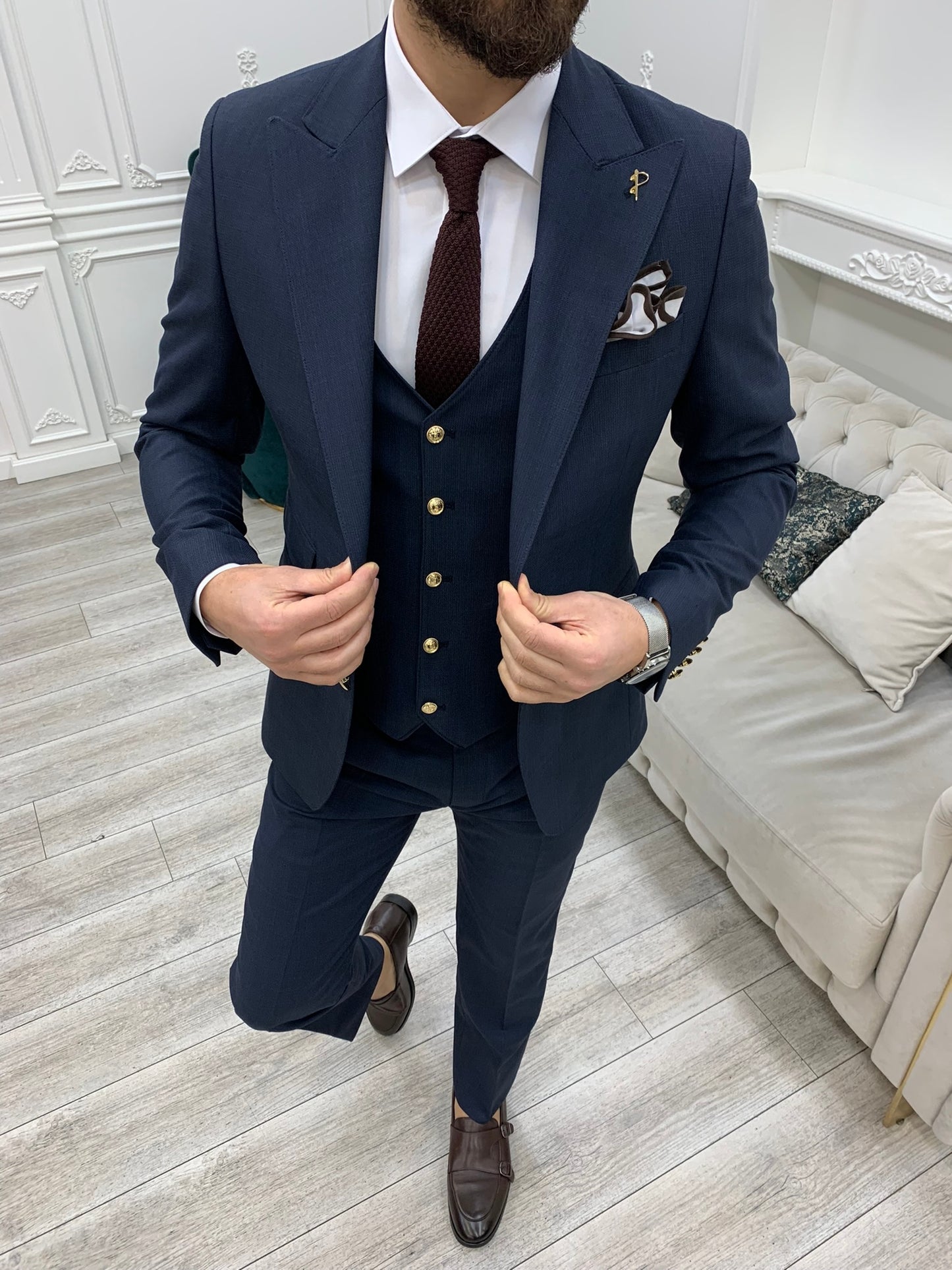 Nile Navy Blue Slim Fit Peak Lapel Suit