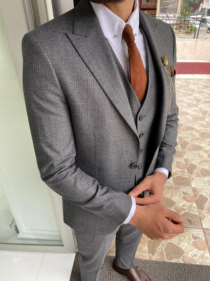 Sarpa Gray Slim Fit Peak Lapel Plaid Wool Suit