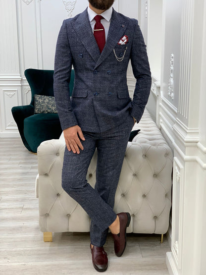 Vince Navy Blue Slim Fit Double Breasted Suit