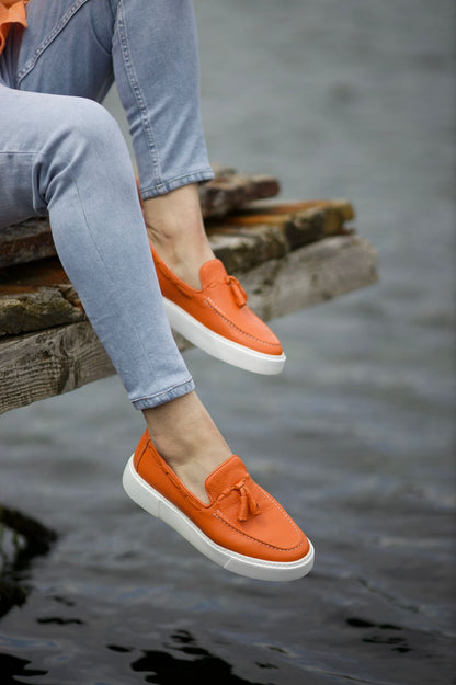 Prince Tassel Detail Leather Orange Shoes