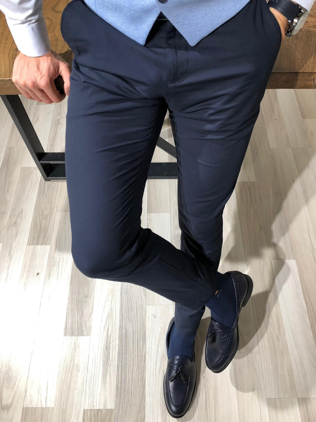 Navy Blue Cotton Slim Pants