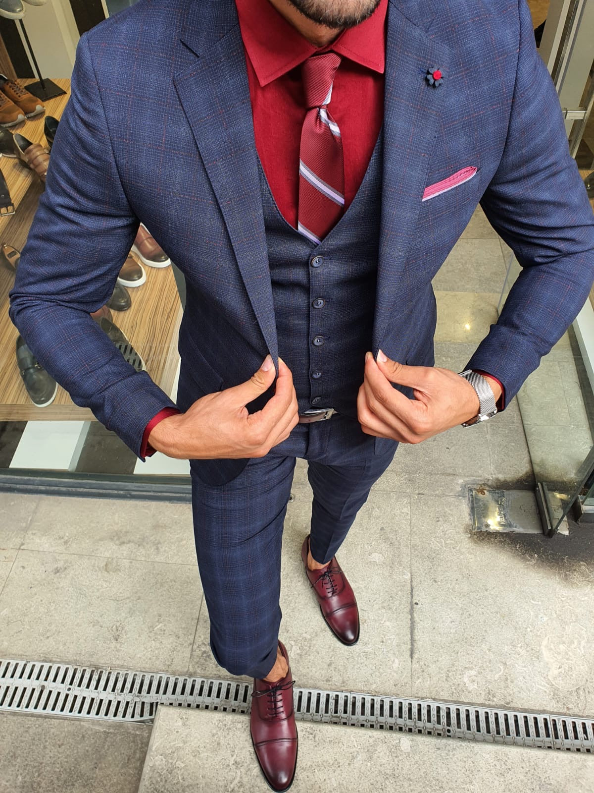 Orem Navy Blue Slim Fit Plaid Suit