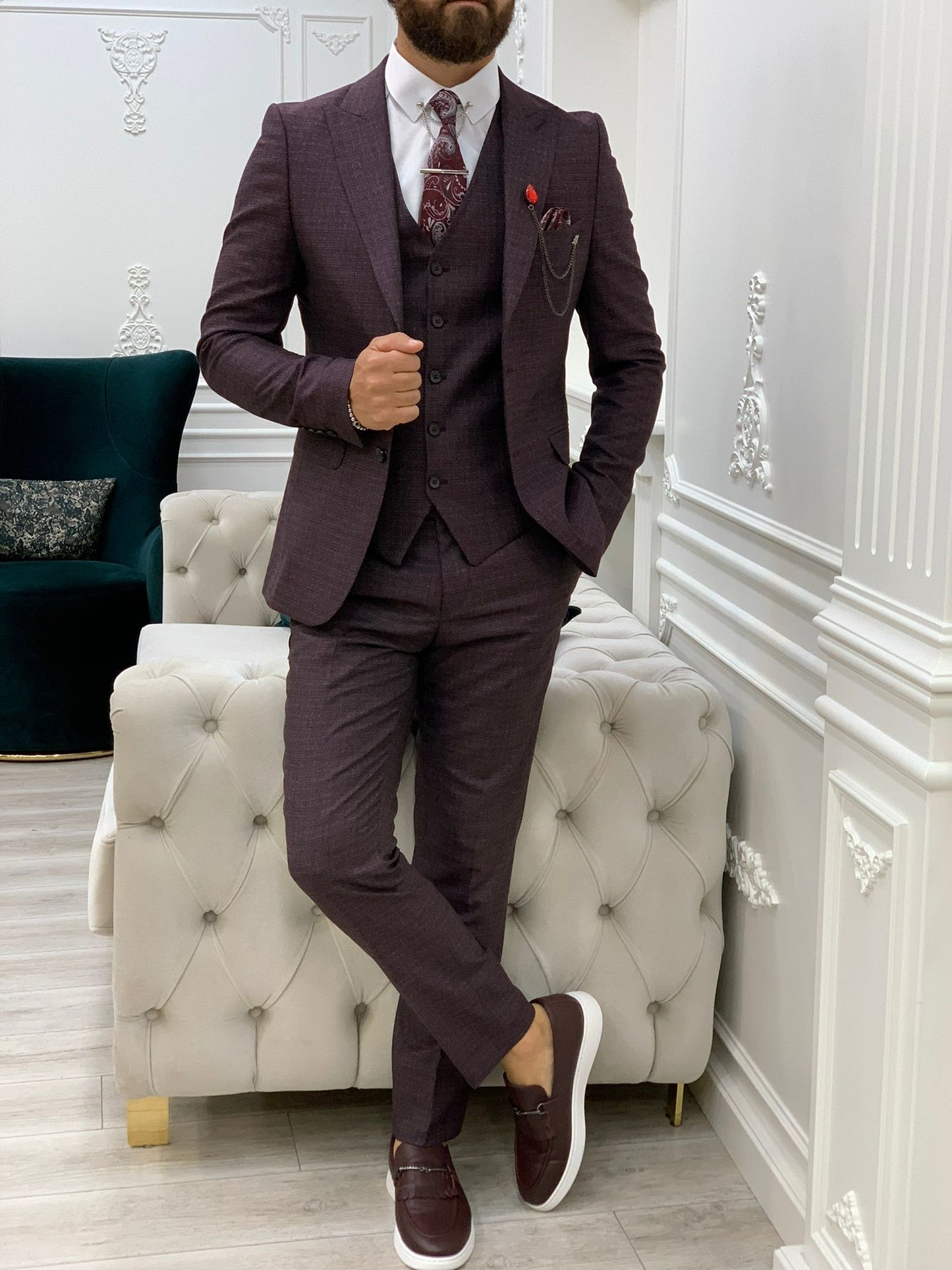 Owen Burgundy Slim Fit Peak Lapel Suit