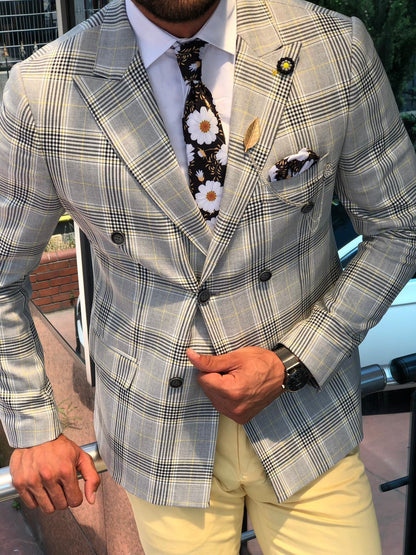 Double Breasted Plaid Gray & Yellow Blazer