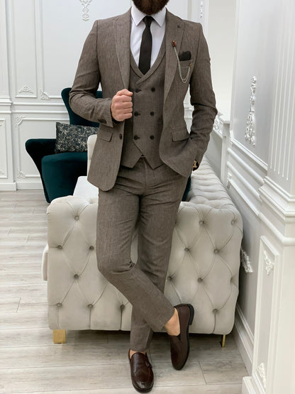 Bergen Brown Slim Fit Peak Lapel Crosshatch Suit