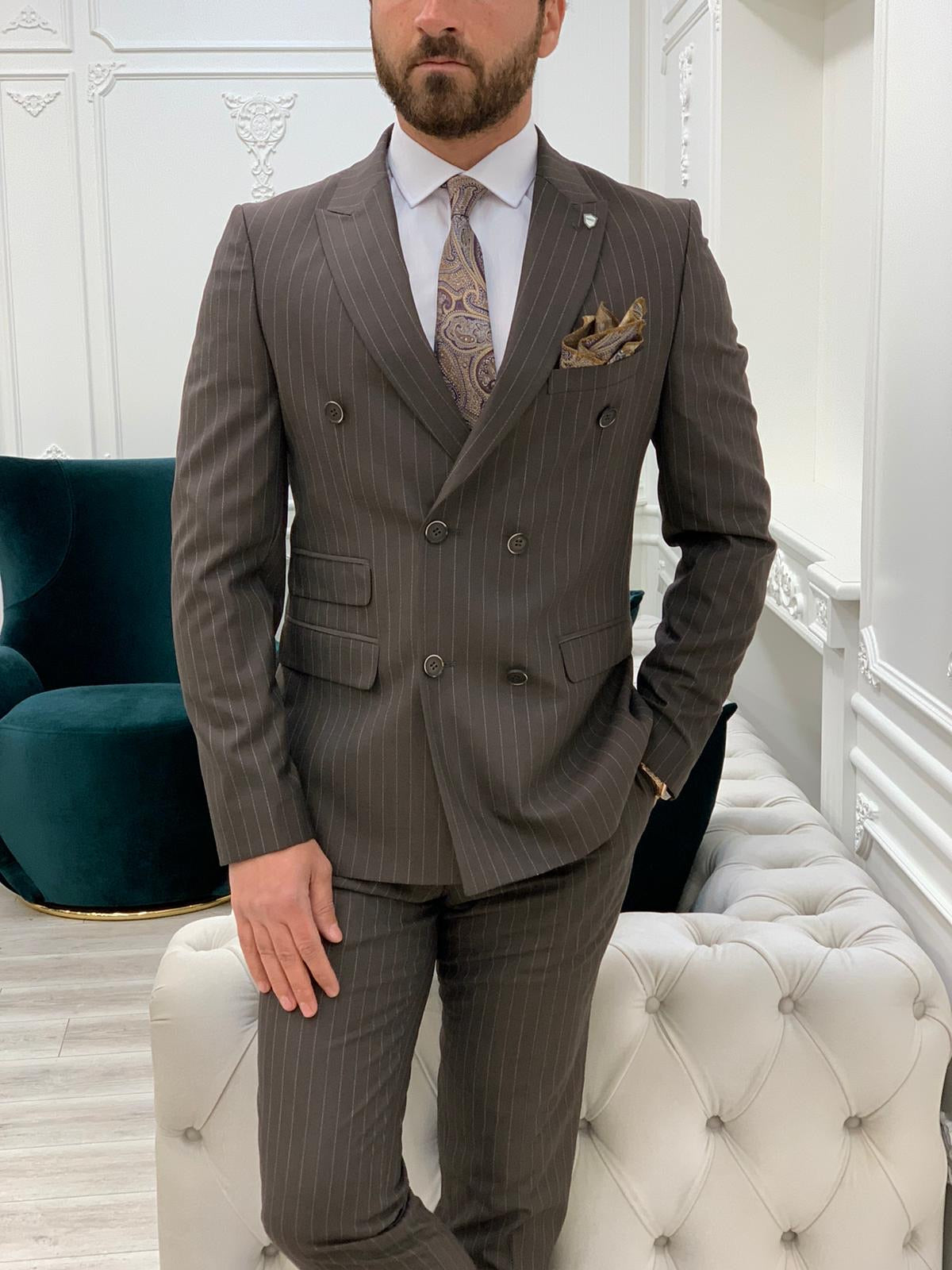 Milano Coffee Slim Fit Double Breasted Pinstripe Suit