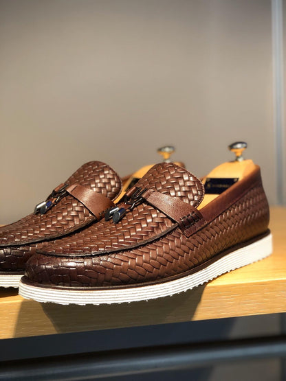 Odessa Brown Woven Leather Tassel Loafer