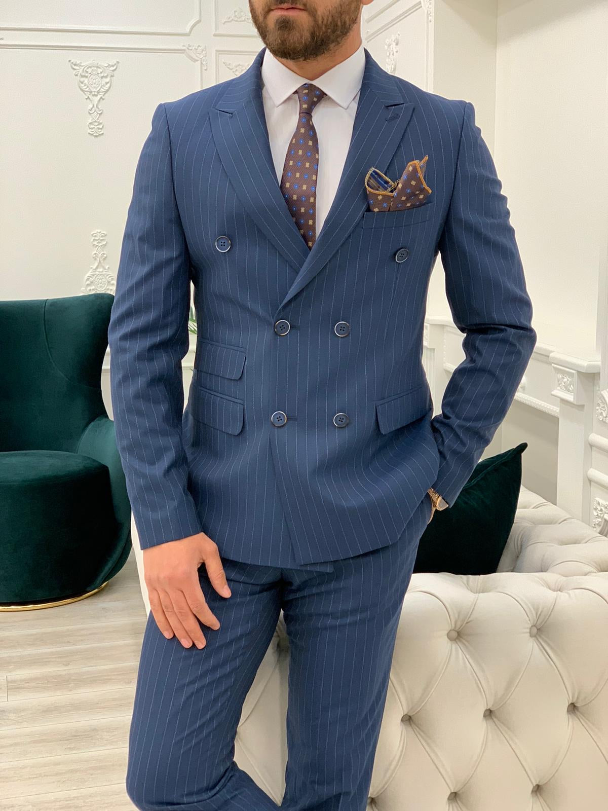 Milano Navy Blue Slim Fit Double Breasted Pinstripe Suit