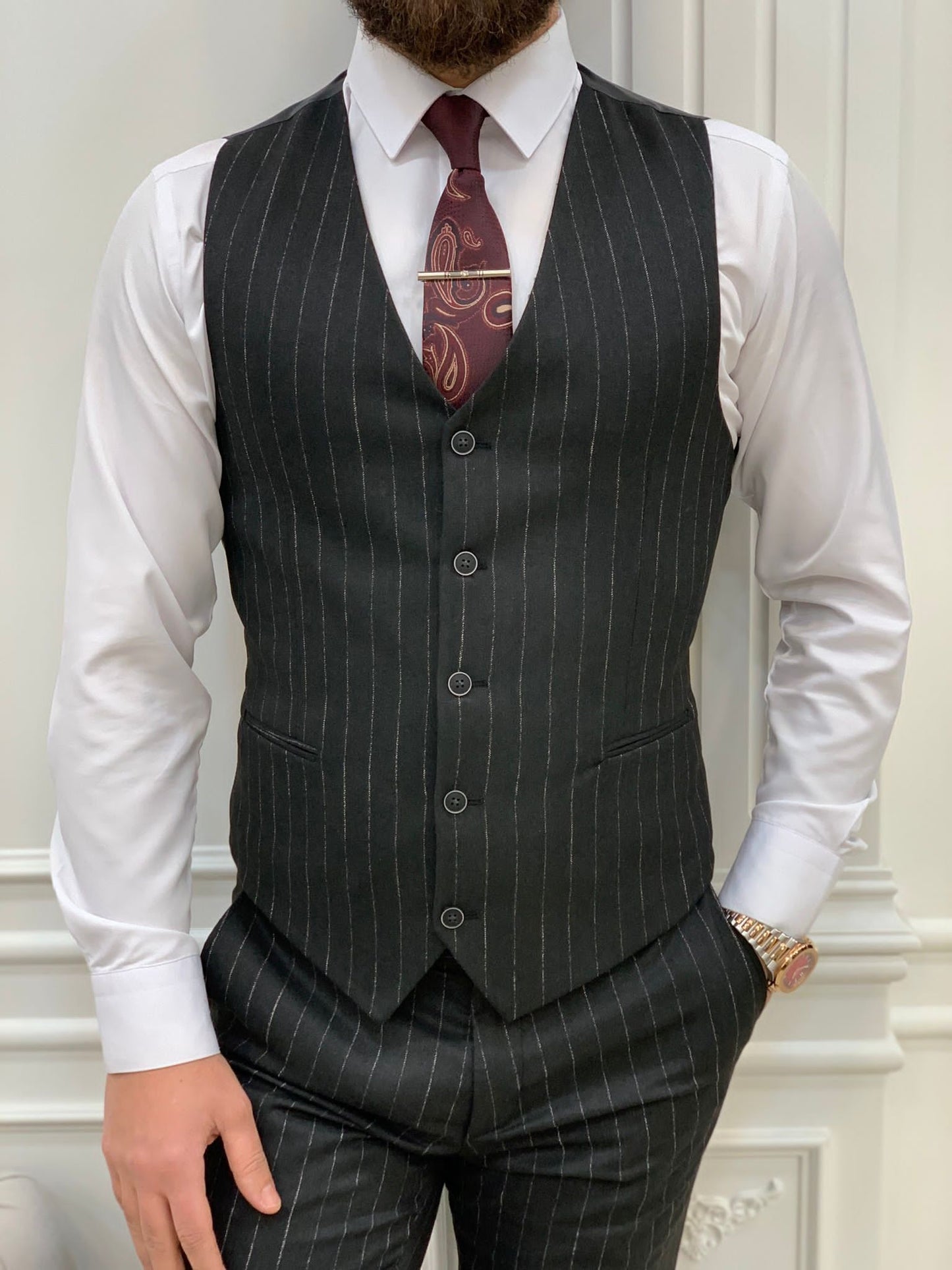 Lagos Dark Gray Slim Fit Peak Lapel Pinstripe Suit