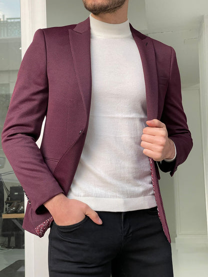 Hazel Burgundy Slim Fit Peak Lapel Wool Blazer