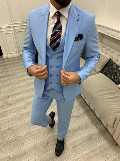 Amato Sky Blue Slim Fit Peak Lapel Suit