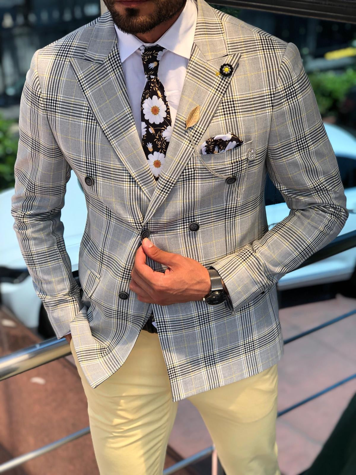 Double Breasted Plaid Gray & Yellow Blazer
