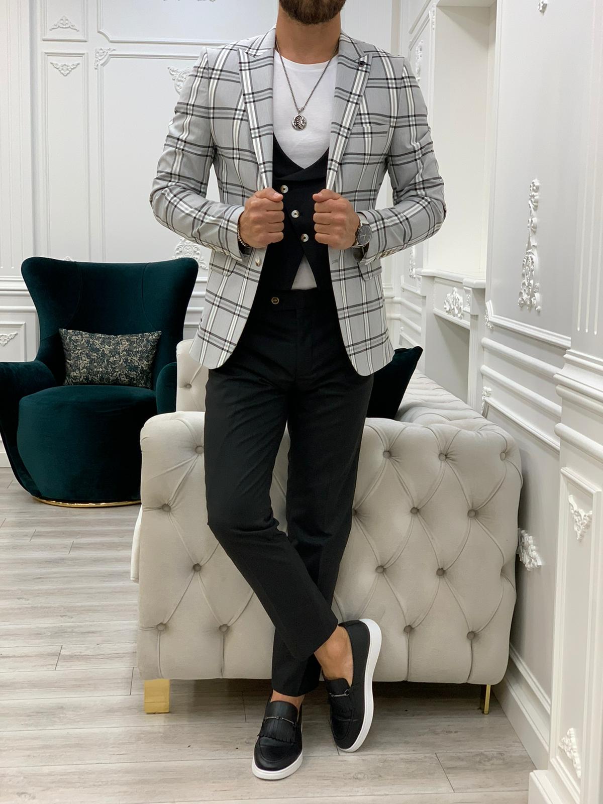 Florian Gray Slim Fit Peak Lapel Plaid Suit
