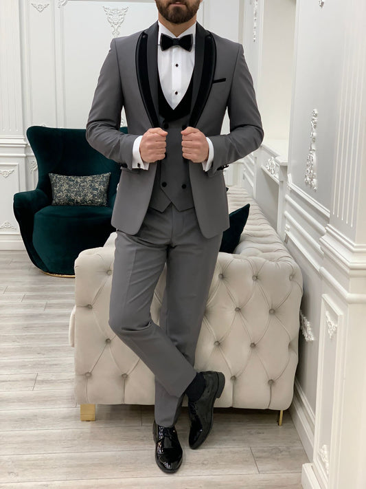 Eden Gray Slim Fit Velvet Satin Shawl Lapel Tuxedo