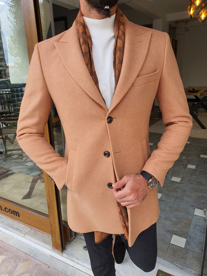 Eros Beige Slim Fit Single Breasted Long Coat