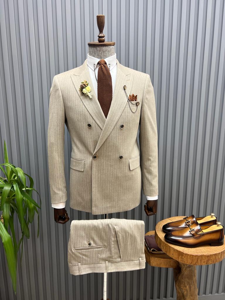 Sorento Beige Slim Fit Double Breasted Pinstripe Suit