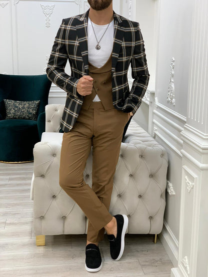Florian Black Slim Fit Peak Lapel Plaid Suit