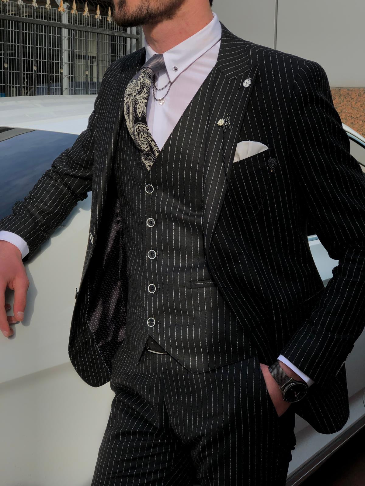 Bernard Black Striped Slim Fit Suit