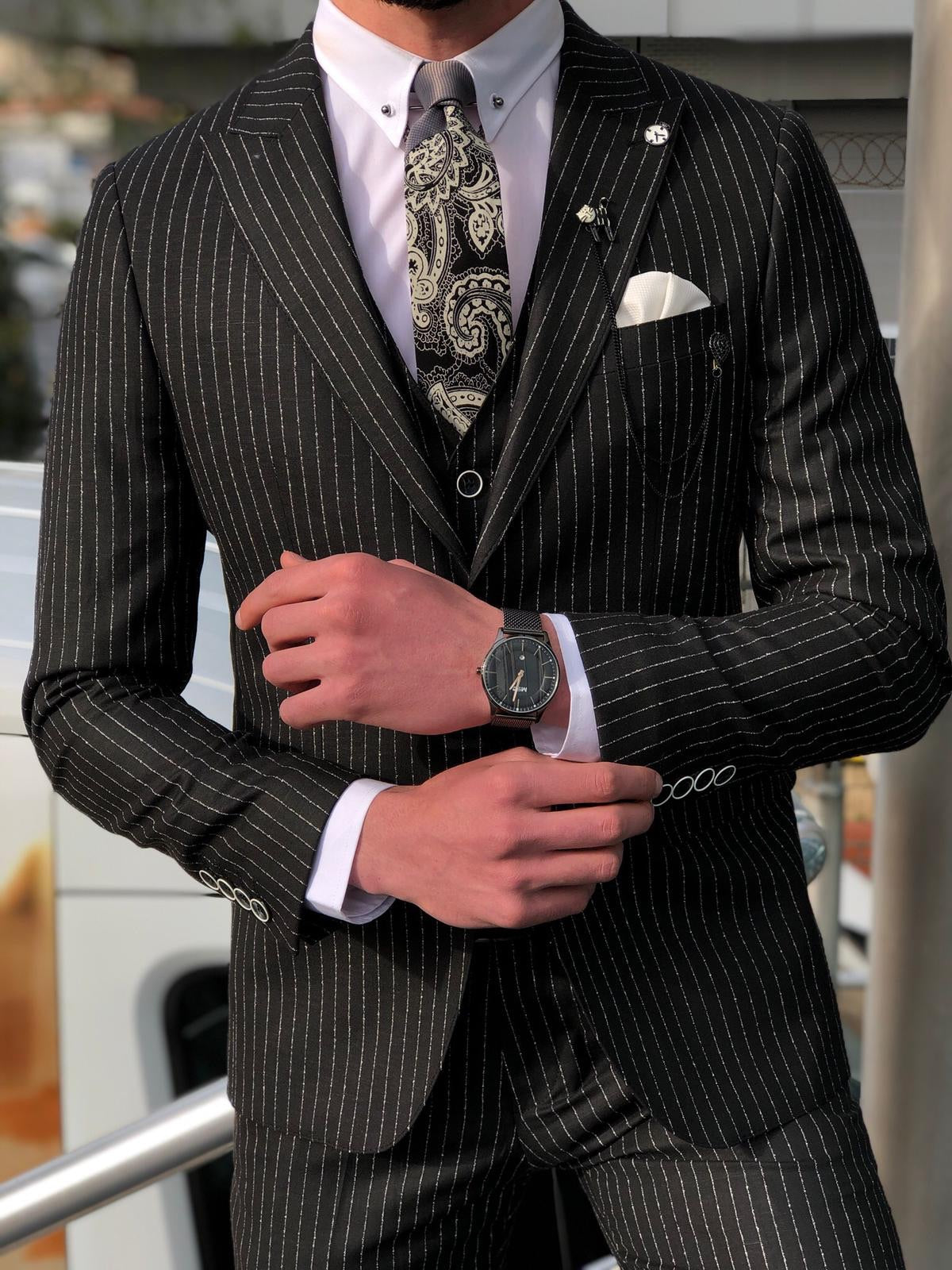 Bernard Black Striped Slim Fit Suit